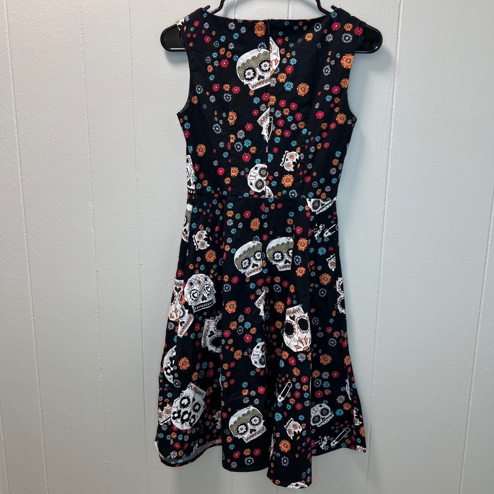 Womens Sugar Skull Day Of The Dead Dress Size XS Black Pin Up‎ Rockabilly Retro - Picture 4 of 4